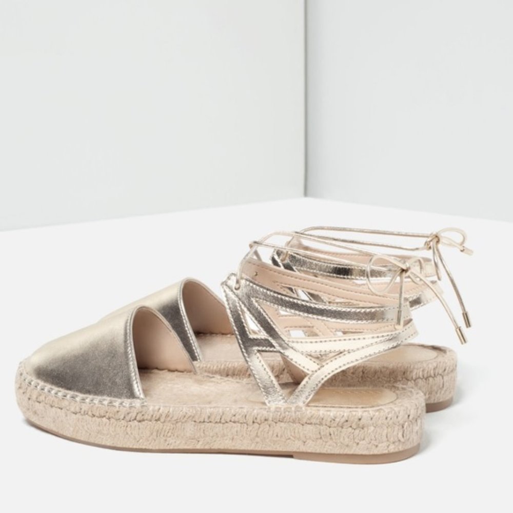 New! Zara gold lace up espadrille sandal jute shoes, neutral tan & gold